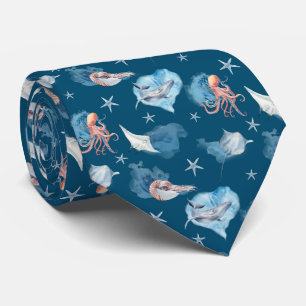 Watercolor Sea Animals Ocean Blue Design Tie