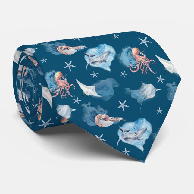 Watercolor Sea Animals Ocean Blue Design Tie (Rolled)