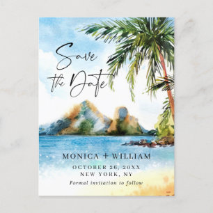 Watercolor Sea Beach Palm Wedding Save the Date Postcard