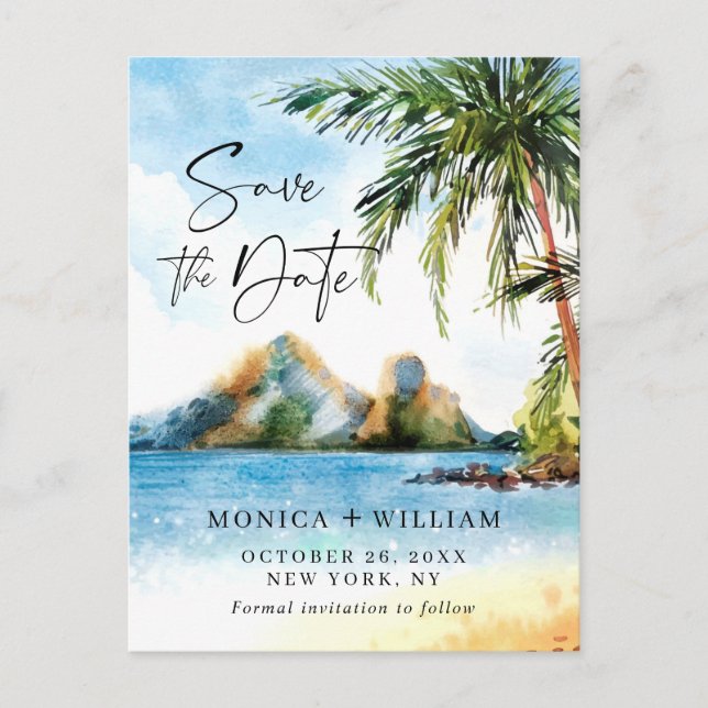 Watercolor Sea Beach Palm Wedding Save the Date  Postcard (Front)