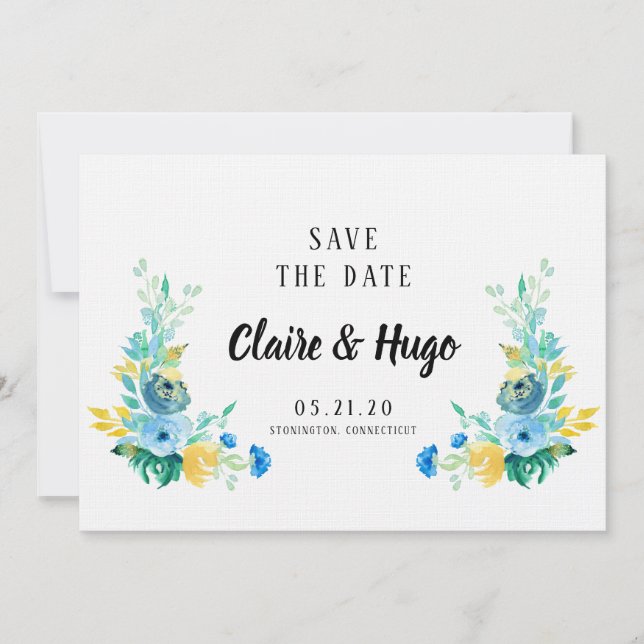 Watercolor Sea Blue Floral Save the Date (Front)