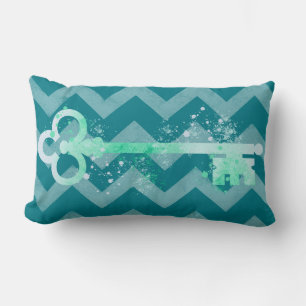 Watercolor Sea foam Green Ornate Key Chevrons Lumbar Cushion