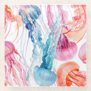 Watercolor Sea Life: Bubbles & Jellyfish Glass Coaster