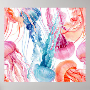 Watercolor Sea Life: Bubbles & Jellyfish Poster