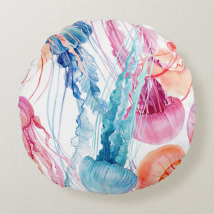Watercolor Sea Life: Bubbles & Jellyfish Round Cushion