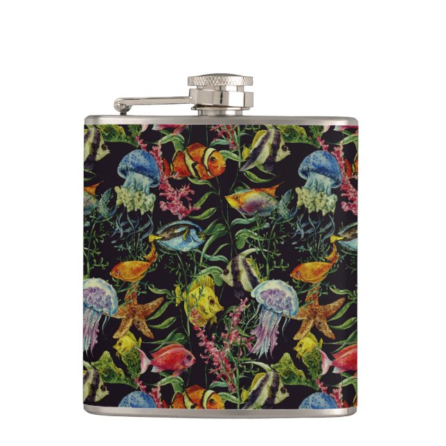 Watercolor Sea Life Pattern 1 Hip Flask (Front)