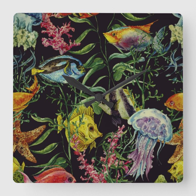 Watercolor Sea Life Pattern 1 Square Wall Clock (Front)