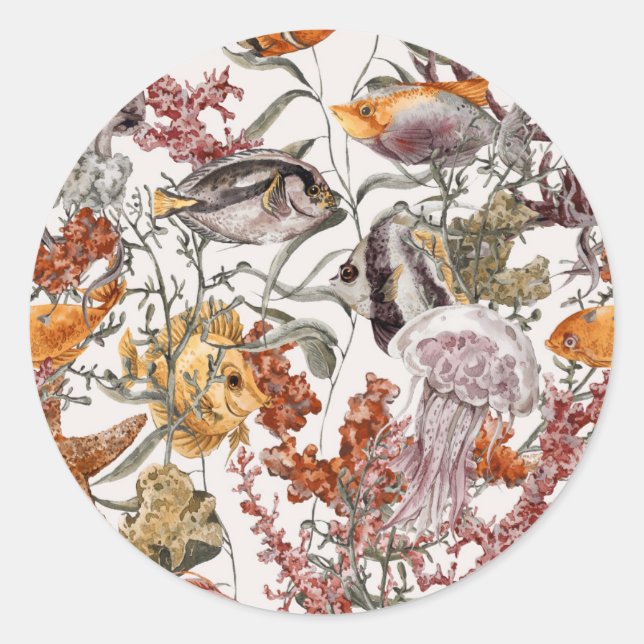 Watercolor Sea Life Pattern 2 Classic Round Sticker (Front)