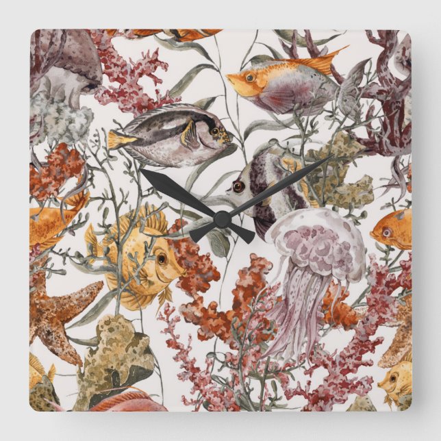 Watercolor Sea Life Pattern 2 Square Wall Clock (Front)