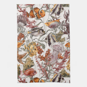 Watercolor Sea Life Pattern 2 Tea Towel