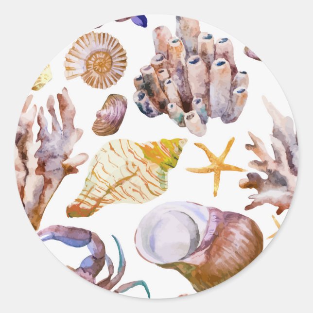 Watercolor Sea Life Pattern 4 Classic Round Sticker (Front)
