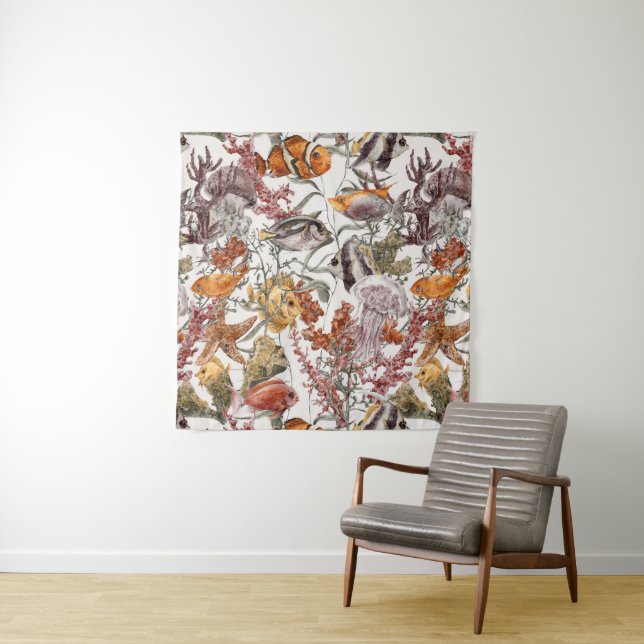 Watercolor Sea Life Pattern Tapestry (In Situ (Horizontal))