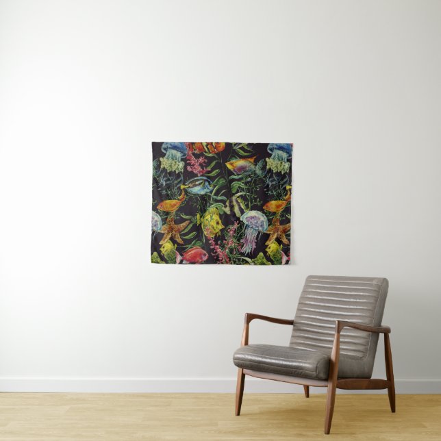 Watercolor Sea Life Pattern Tapestry (In Situ (Horizontal))