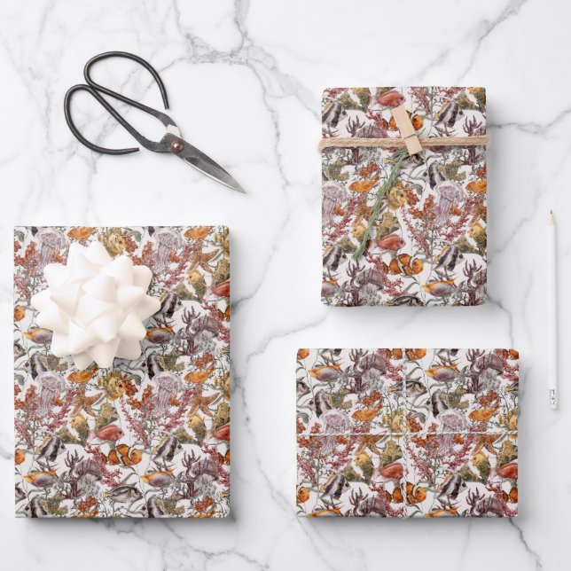 Watercolor Sea Life Pattern Wrapping Paper Sheet (Front)