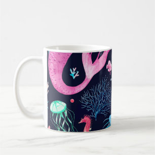 Watercolor sea pattern with mermaids, corals, seah coffee mug