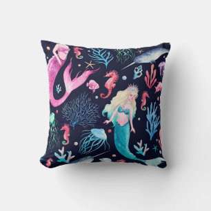 Watercolor sea pattern with mermaids, corals, seah cushion