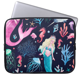 Watercolor sea pattern with mermaids, corals, seah laptop sleeve