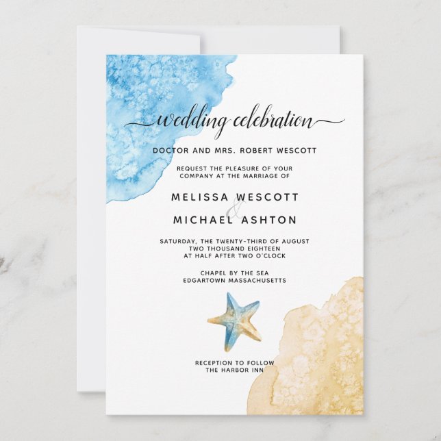 Watercolor Sea + Sand Modern Beach Event Wedding Invitation (Front)
