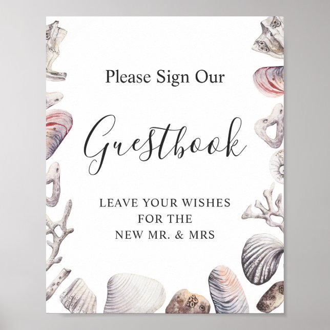 Watercolor Sea Shell Beach Wedding Guestbook Sign (Front)
