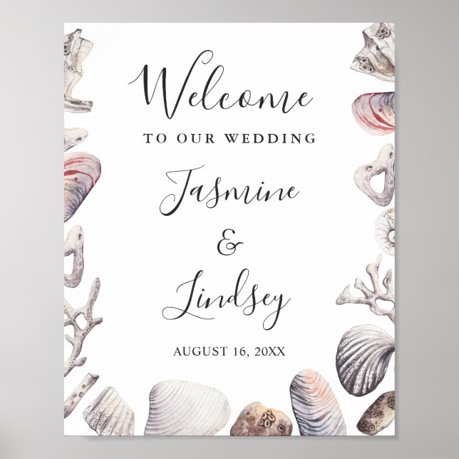 Watercolor Sea Shell Beach Wedding Welcome Sign (Front)