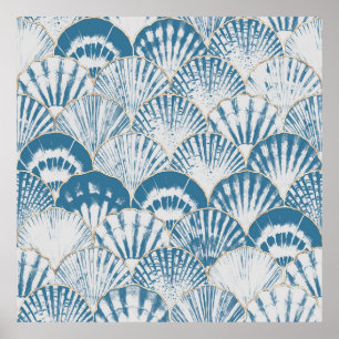 Watercolor sea shell japanese waves seamless patte poster