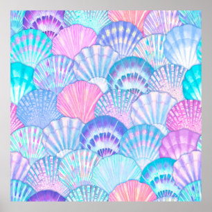 Watercolor sea shell seamless pattern. Hand drawn  Poster