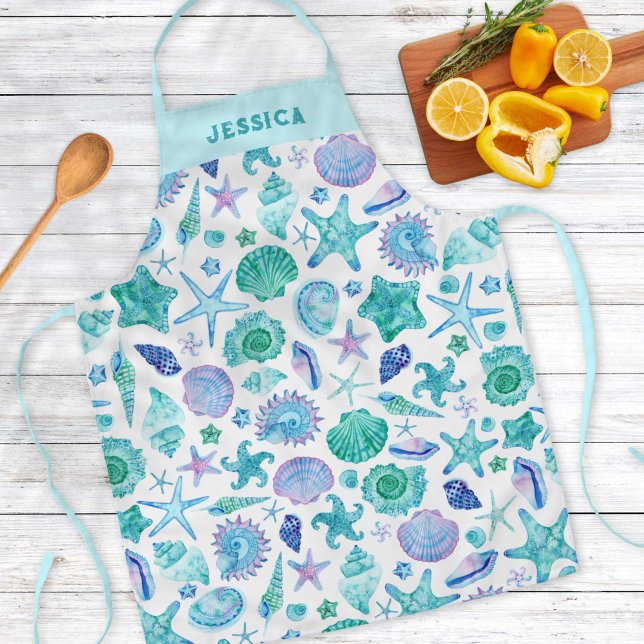 Watercolor Sea shells and Starfish Coastal Pattern Apron (Watercolor Sea shells and Starfish Coastal Pattern Apron)
