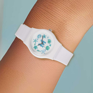 Watercolor Sea Shells & Starfish Blue Monogrammed Watch