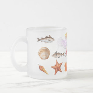 Watercolor Sea Shells & Starfish Nautical Coastal  Frosted Glass Coffee Mug
