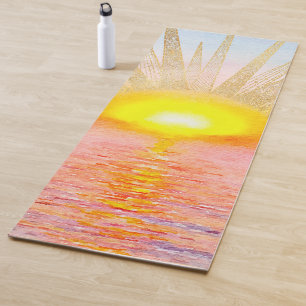 Watercolor Sea Sunset Gold Sun Doodles Mandala Yoga Mat