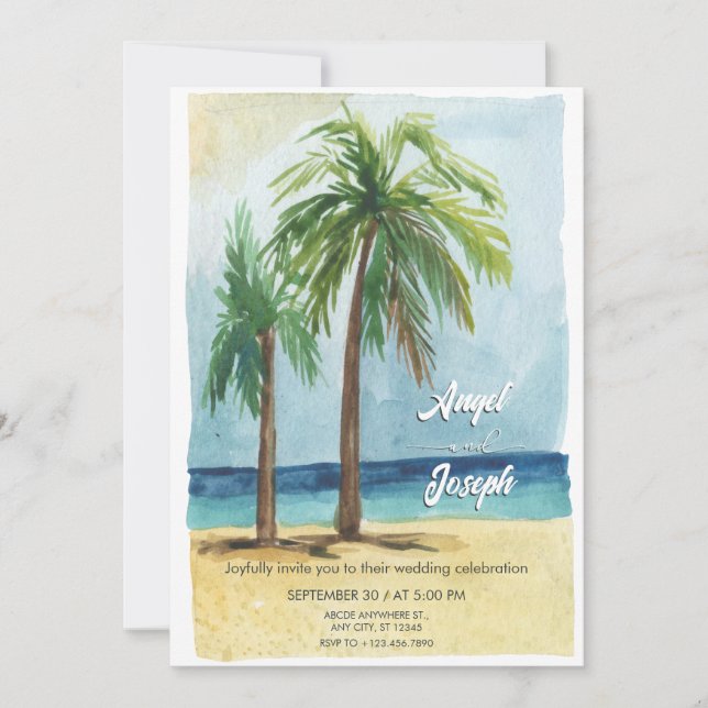 Watercolor sea tropical coconut tree wedding  invitation (Front)