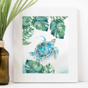 Watercolor Sea Turtle and Monstera Leaves Poster