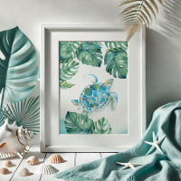 Watercolor Sea Turtle and Monstera Leaves