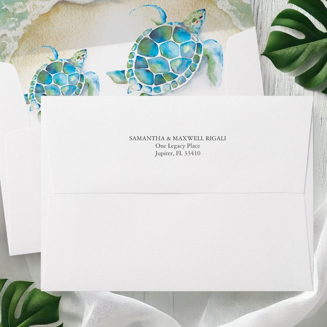 Watercolor Sea Turtle and Ocean Beach Envelope (Return address envelopes watercolor sea turtle and ocean art by Victoria Grigaliunas DoTellABelle)