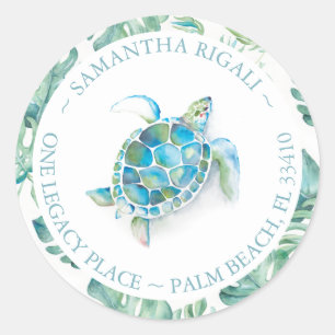 Watercolor Sea Turtle Beach Return Address Classic Round Sticker