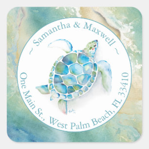 Watercolor Sea Turtle & Beach Return Address Square Sticker