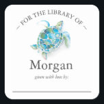 Watercolor Sea Turtle Bookplate Square Sticker<br><div class="desc">Baby shower bookplate sticker featuring watercolor tropical sea turtle in shades of turquoise. Use the template fields to add your personalisation in charcoal grey over a white background. A great addition for baby's first library or use as a custom "This Book Belongs To" sticker. Pair's beautifully with my matching Bring...</div>
