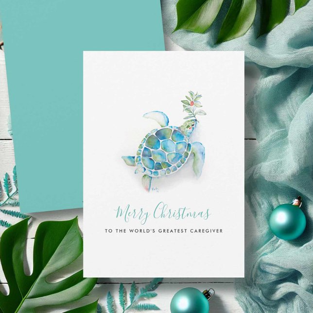 Watercolor Sea Turtle Christmas Caregiver Card (Beach Christmas cards watercolor sea turtle art by Victoria Grigaliunas of Do Tell A Belle)