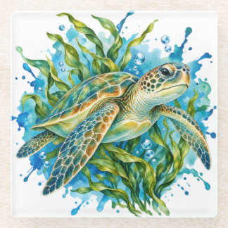 Watercolor Sea Turtle Glass Coaster