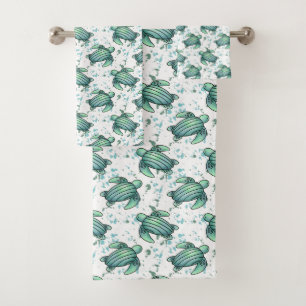 watercolor sea turtle green blue pattern animal bath towel set
