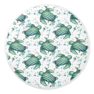 watercolor sea turtle green blue pattern animal ceramic knob