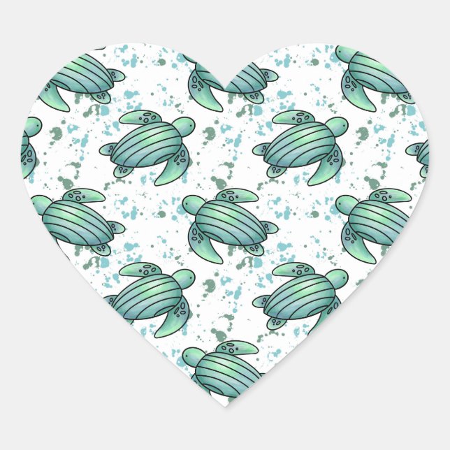 watercolor sea turtle green blue pattern animal heart sticker (Front)
