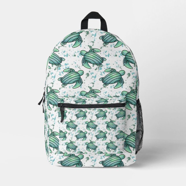 watercolor sea turtle green blue pattern animal printed backpack (Front)