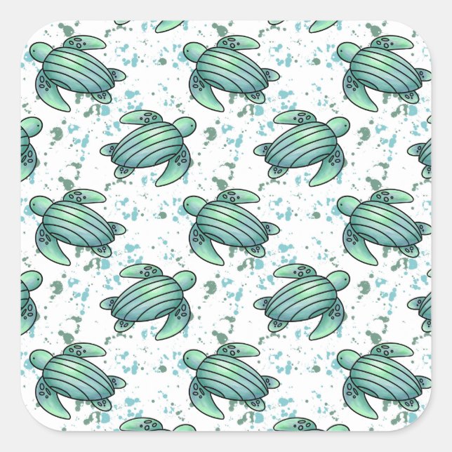 watercolor sea turtle green blue pattern animal square sticker (Front)