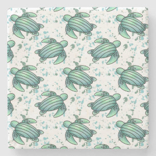 watercolor sea turtle green blue pattern animal stone coaster