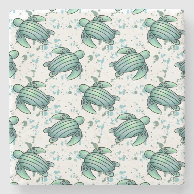 watercolor sea turtle green blue pattern animal stone coaster (Front)