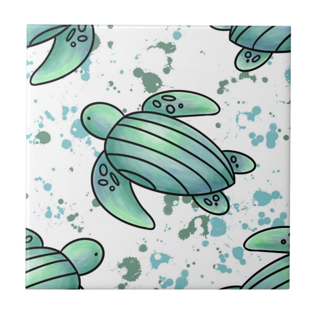 watercolor sea turtle green blue pattern animal tile (Front)