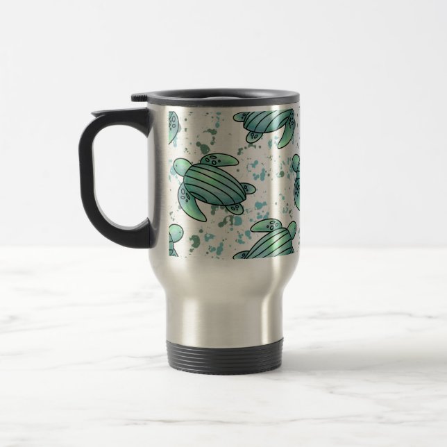 watercolor sea turtle green blue pattern animal travel mug (Left)