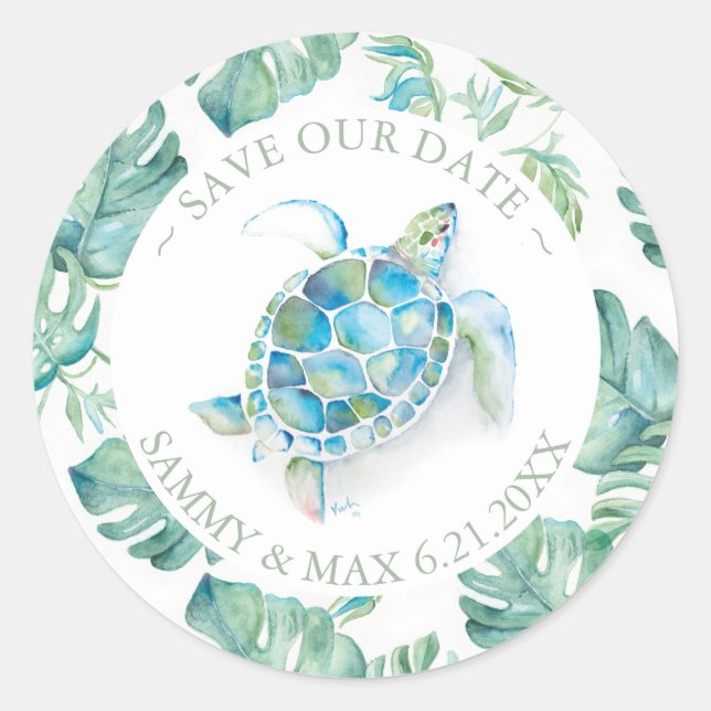 Watercolor Sea Turtle & Greenery Envelope Seal (Front)