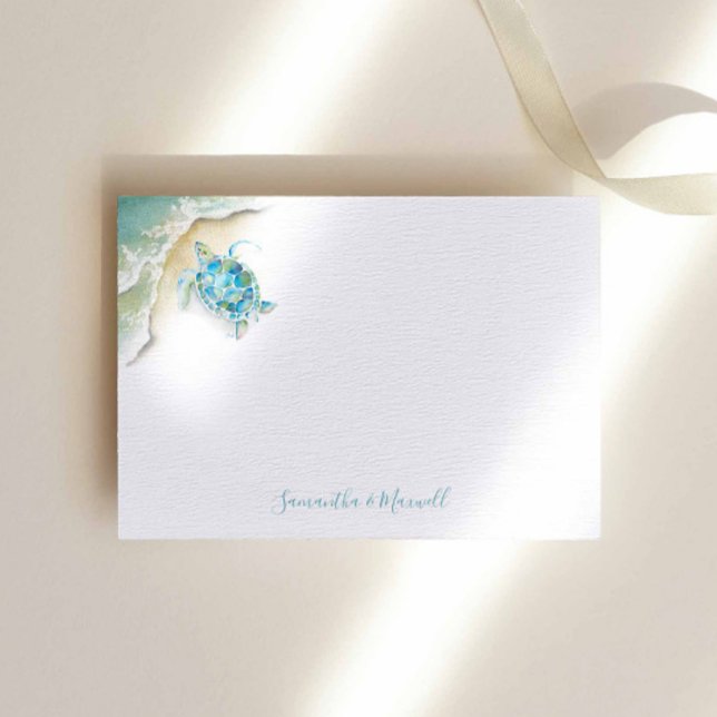 Watercolor Sea Turtle Ocean Personalised Note Card (Beach stationery note card watercolor sea turtle art by Victoria Grigaliunas of Do Tell A Belle)